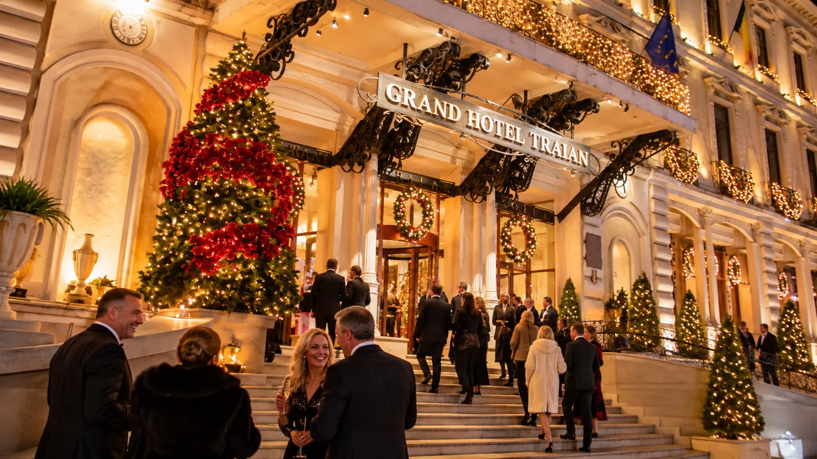 Revelion 2027 Iași: fațada Grand Hotel Traian decorată de sărbători, cu invitați pe scări